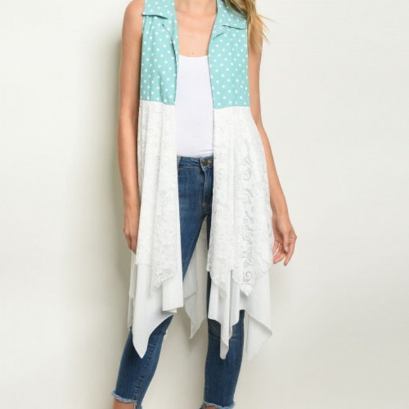 American Made Bohemian Green Polka Dots Lacey Vest Open Zigzag Small Cardigan - Picture 2 of 5